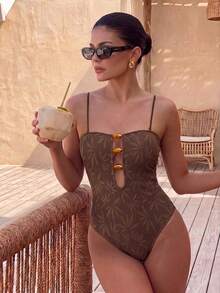 Bikinx Women's Bohemian Style Backless Spaghetti Strap One-Piece Swimsuit, Summer Vacation Beach Brown - Brown - View 1