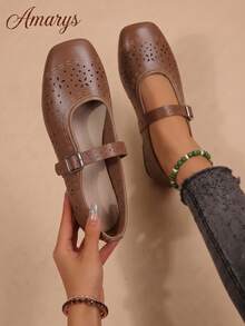 1 Pair Fashion Hollow Buckle Flat Mary Jane Shoes, Suitable For Office, Beach, All Seasons - Beige - View 1