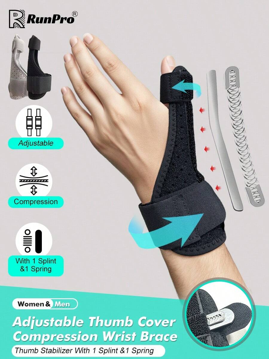 RPPR 1 Pc-Adjust-To-Fit Thumb Stabilizer With 1 Splint &1 Spring, Wrist Brace, Thumb Splint, Thumb Brace For Men And Women, Suitable For Daily Work And Life, Fits Right Or Left, Black/ Grey