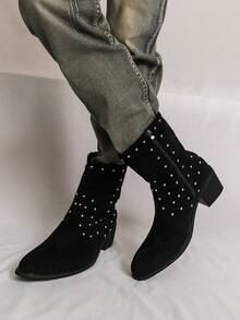Men's Western Cowboy Boots, Round Toe, Black Suede-Like Fabric Upper, Rhinestone Decor, Side Zipper, Chunky Heel, Boots For Party, Daily Casual Wear - Black - View 11