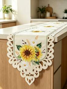 1pc 100% Polyester Vintage Sunflower Embroidery Table Runner, Fall Hollow Out Floral Table Runner, Boho Farmhouse Table Centerpiece For Kitchen Dining Room Wedding Party Decor - Multicolor - View 1