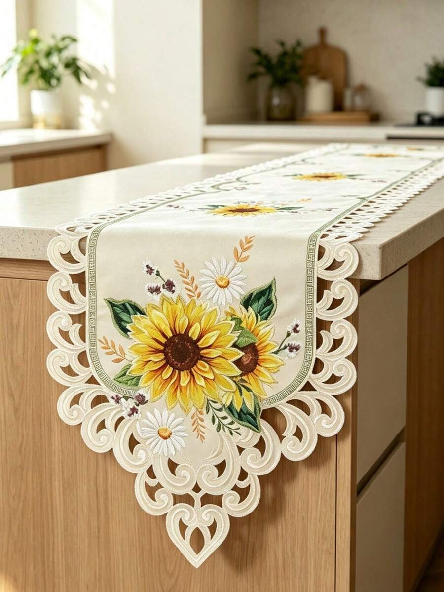 1pc 100% Polyester Vintage Sunflower Embroidery Table Runner, Fall Hollow Out Floral Table Runner, Boho Farmhouse Table Centerpiece For Kitchen Dining Room Wedding Party Decor - Multicolor - View 1