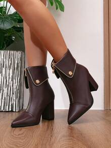 Autumn/Winter New Fashionable Women's Brown Street Style Party Boots With Turn-Down Collar, Rose Flower, Rivet, Front Zipper, Pointed Toe, Chunky High Heel, Ankle Boots - Brown - View 6