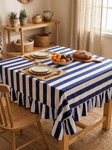 1pc Blue And White Wide Striped Tablecloth, Classic Country Style Fabric Material, Rectangular Double Layer With Ruffle Edge And Pleated Detail, Decorative And Functional For Home Kitchen, Dining Room And Daily Home Decor - Blue - View 2
