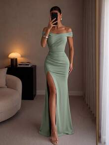 ADYCE Elegant Off-Shoulder High Waist Pleated High Slit Floor-Length Party Dress, Suitable For Prom, Evening Party, Date, Homecoming, Wedding Guest, Formal Dinner, Family Gathering, Autumn - Green - View 1