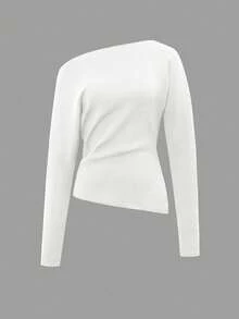 GLAMSKIN كنزة نسائية محبوكة ضيقة بأكمام طويلة وكتف مكشوف للخريف، بتصميم غير متماثل مع ثنيات مجعدة ونسيج مضلع، ملابس كاجوال مناسبة للاستخدام اليومي وليالي المواعدة - أبيض - مشاهدة 3
