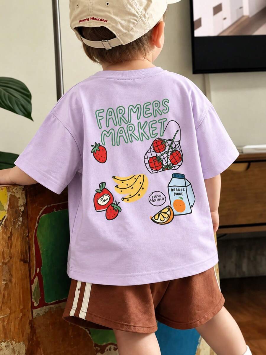 Young Boy 1pc Printed Pullover Short Sleeve T-Shirt, Student Youth Children's Clothing, Summer Gift Top For Kids - Purple - View 1