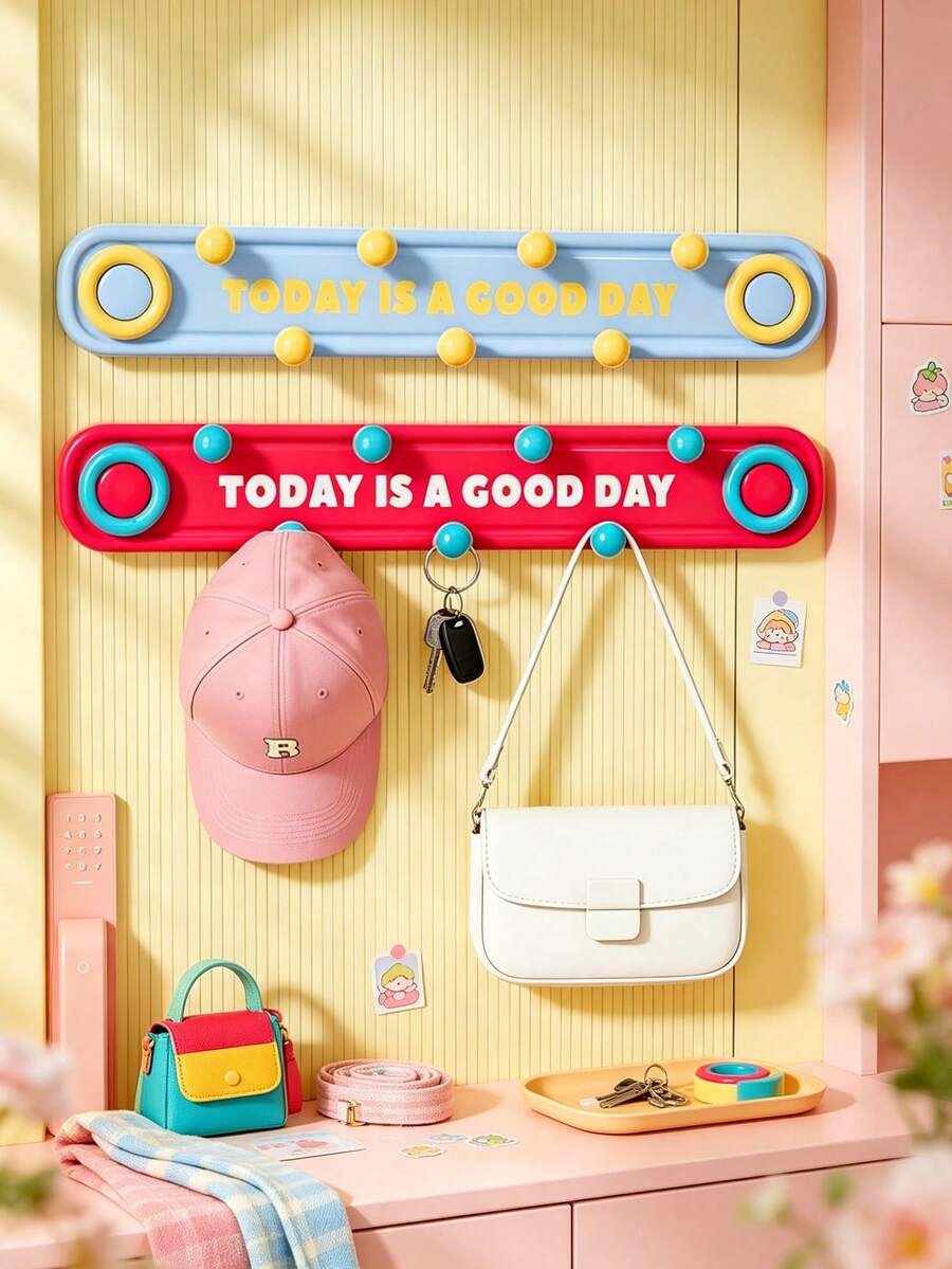 5/1pc Dopamine Style Plastic Rectangular Wall Mount Hook Rack With Colorful Round Bead&Letter Print Detail,Multi‑Hook Hanging Holder,Decorative Wall Hanger,Suitable For Daily Home Organization,Entryway,Bathroom, Bedroom, All‑Season Indoor Decor Use - Multicolor - View 1