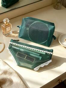 Green Mesh Makeup Bag Set, 1Pc Portable Cosmetic Organizer With Pearl Lace Zipper, Travel Toiletry Pouch For Women, Waterproof Transparent Mesh Beauty Storage Bag For Travel Bathroom - Green - View 1