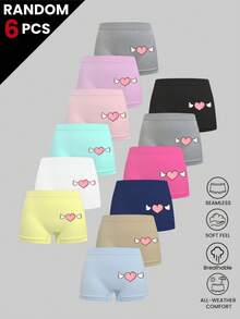 6Pcs Random Color Girls Seamless Shorty Panties Heart Print Mid Waist Underwear Shorts Fall Layering Back To School Basic Briefs - Multicolor - View 1