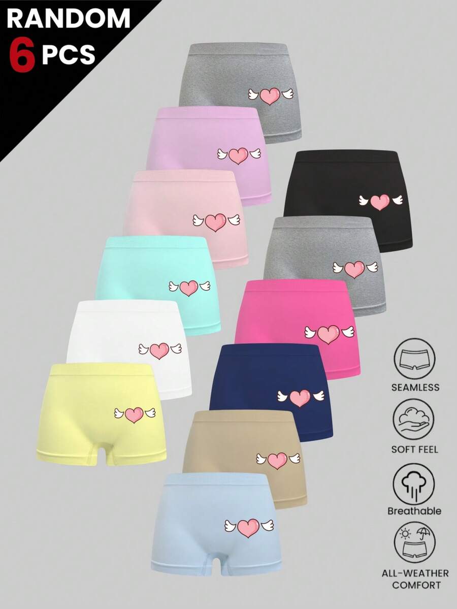 6Pcs Random Color Girls Seamless Shorty Panties Heart Print Mid Waist Underwear Shorts Fall Layering Back To School Basic Briefs - Multicolor - View 1
