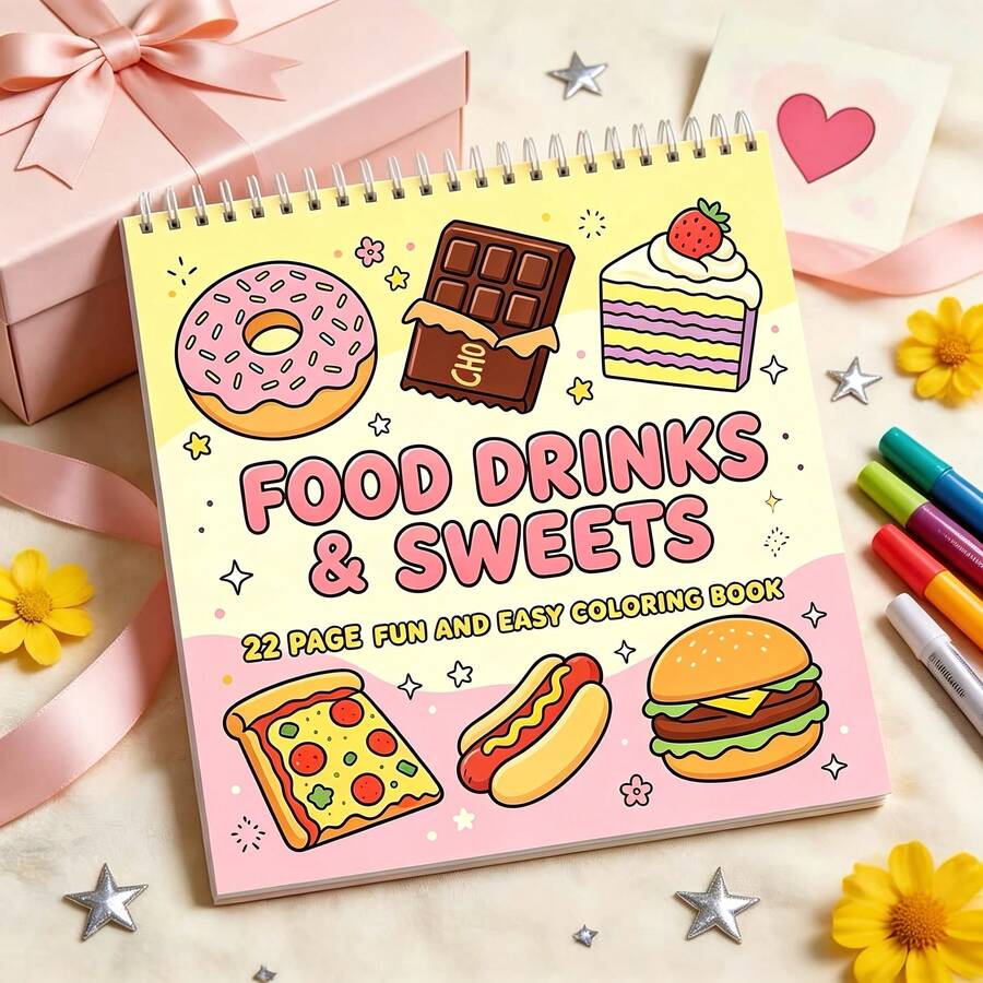 1 Pc Food, Drinks, And Sweets Spiral Coloring Book, Featuring A Cute Dessert And Snack Theme, Fun And Easy Coloring Book For Reducing Stress And Relaxing, 22 Pages With Single-Sided Design, Best Gifts For Adults - Single Piece - View 1