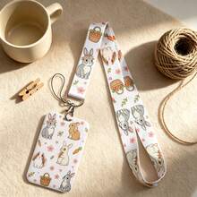 1 Piece Cute Bunny Carrot Floral ID Card Holder With Lanyard, Kawaii Rabbit Pattern Badge Holder For Student Office Name Card, Gift For Bunny Lovers - Multicolor - View 2