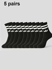 1/5/10 Pairs Men's Striped Solid Color Mid-Calf Sports Socks, Couple Style, Moisture-Wicking Breathable Casual Socks, Unisex, Suitable For Daily Wear - Black and White - View 11