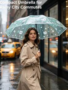Super Cute Transparent Manual Folding Umbrella, Fresh Cat & Star Print, Comes With Hanging Decor. One-Click Open, Lightweight And Compact For Easy Storage. High Aesthetic Value, Perfect For Rainy Day Photos, Daily Commute, Cute Gift For Girls. - Umbrella - View 2