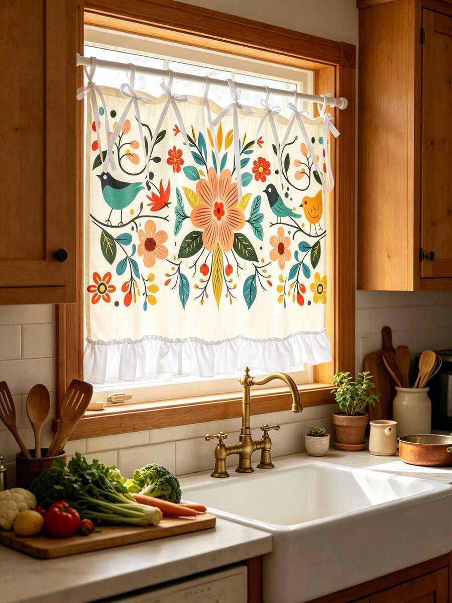 1PC Kitchen Curtain, Kitchen Apron With Floral And Bird Pattern, Multi-Functional Protective Cover, Suitable For Oven And Stove Hood, Cabinet Protection Board, Appliance Decorative Cover, Country Style Core And Daily Kitchen - Multicolor - View 1