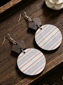 1 Pair Vintage Fan-Shaped & Round Patchwork Color-Block Striped Double-Layer Wooden Earrings - Round - View 2