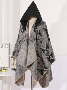 1pc Jacquard Butterfly Print Hooded Cape Fashion Shawl - Multicolor - View 9