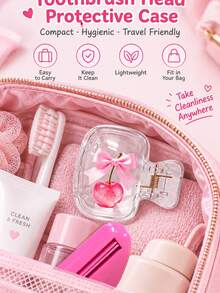 Bow Glitter Cherry Toothbrush Protective Storage Box, Paired With Toothpaste Squeezer Transparent Clip-On Toothbrush Holder, Suitable For Home And Travel, Family Gift, Back To School Season, Back To School Gift, Couple Gift, Easter - Multicolor - View 1