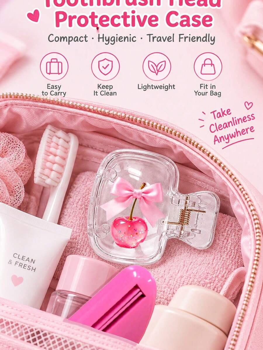 Bow Glitter Cherry Toothbrush Protective Storage Box, Paired With Toothpaste Squeezer Transparent Clip-On Toothbrush Holder, Suitable For Home And Travel, Family Gift, Back To School Season, Back To School Gift, Couple Gift, Easter - Multicolor - View 1