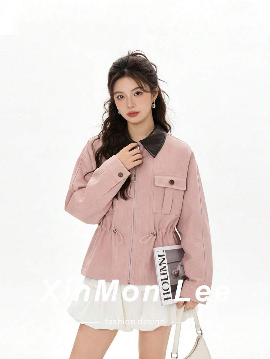 Premium Vintage Casual Denim Jacket With Two-Way Zipper, Suitable For College, Office, Daily Wear, Spring And Autumn - Pink - View 1