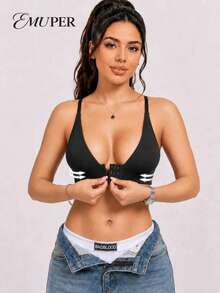 1pc Front Closure Seamless Quick Dry Machine Washable No Padding Sexy Lingerie, Suitable For Spring Summer Autumn Outerwear Women's Bra - Black - View 1