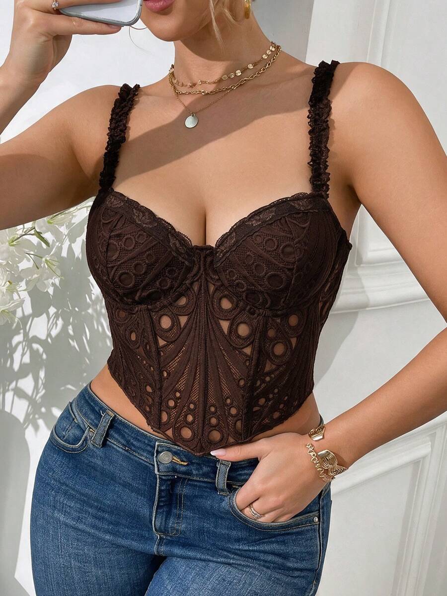 Women's Lace Hollow Back Tie Strap Camisole Bustier - Brown - View 1