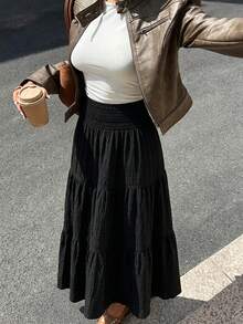 Women's Solid Color Shirred Design Elegant Skirt, Casual & Elegant, Polyester, Shirred, Suitable For Holidays, Office, Dates, Travel, Daily Wear, All Seasons - Black - View 10