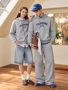 Whitmere Men's Grey Letter Print Long Sleeve Knit Loose Fit Hoodie, Fleece Lined, Pocket, Ribbed, Drawstring, Fall/Winter/Spring/Fall, Hooded Sweatshirt - Grey - View 3