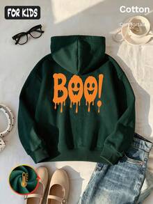 Halloween Autumn Winter Girls Hooded Fleece Sweatshirt With Orange Dripping BOO! And  Print, - Dark Green - View 4