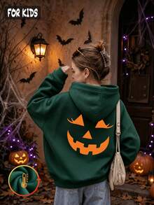 Halloween Autumn Winter Girls' Hooded Fleece Sweatshirt With Orange Pumpkin Face Print - Dark Green - View 5