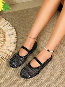 Black Mesh Mary Jane Flat Shoes, Wavy Embroidered Mesh Upper, Elastic Instep Strap, Breathable Round Toe Women Slip‑On Flats - Black - View 6