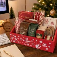 1pc Christmas Red Wooden Hot Cocoa Bar Caddy, Snowflake Letter Print Multi Compartment Storage Organizer, Open Top Rectangular Wood Box, Christmas Holiday, Kitchen Countertop Home Desktop Supplies Decor - Multicolor - View 5