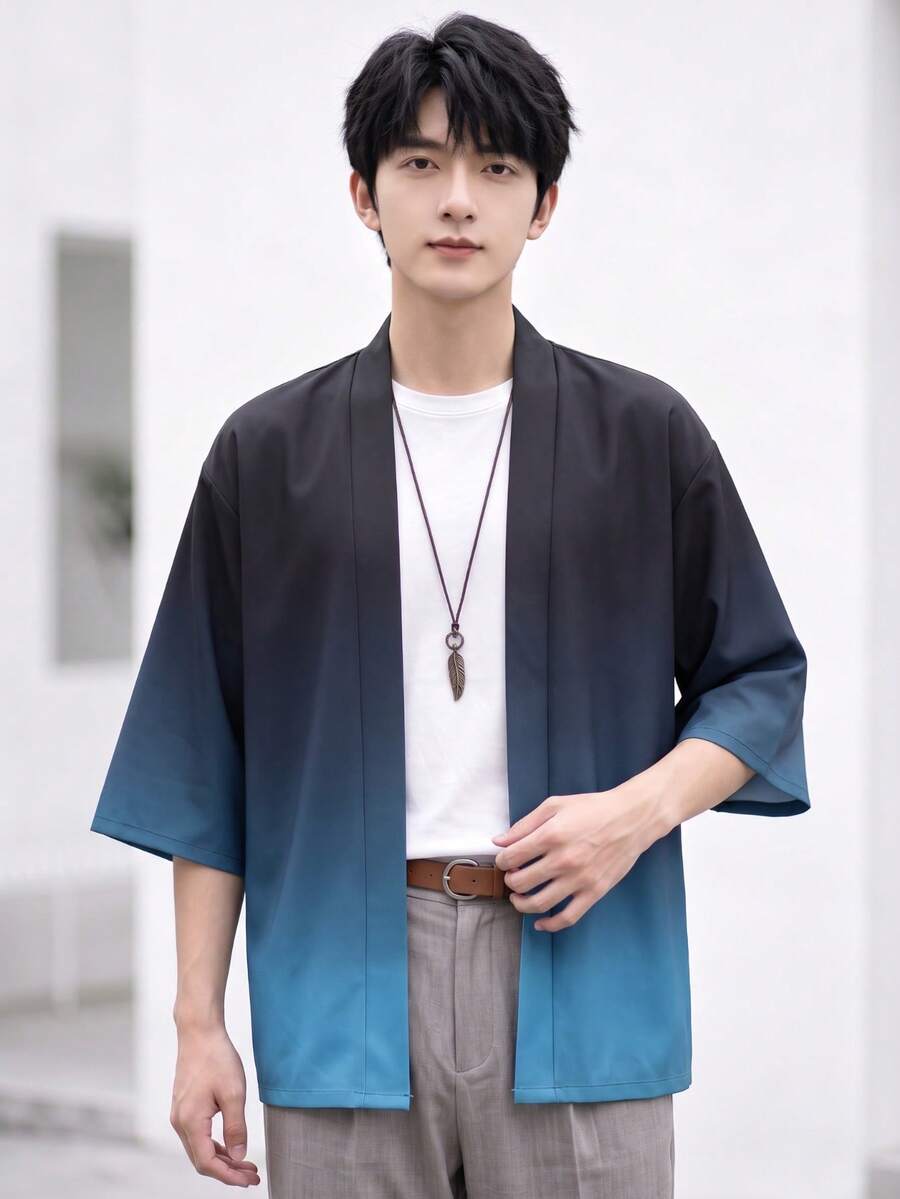 男士和服風開襟衫休閒襯衫，漸層色夾克上衣，可機洗，易打理，舒適面料