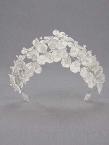 Bridal Hair Accessory White Satin Petal Baby's Breath Crystal Bead Ethereal Full Wedding Floral Crown With Hair Comb - Silver - View 10