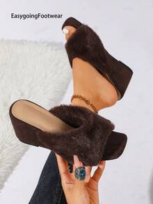 Women's Fuzzy Wedge Heel Square Toe Open Toe Mule Slippers For Outdoor Wear - Coffee Brown - View 6