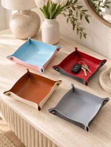 1Pc Two-Tone Foldable Leather Valet Tray, Minimalist PU Leather Square Shape With Detail Catchall Tray For Key Coin Storage, Entryway Bedroom Office Daily Home Decoration - Multicolor - View 2