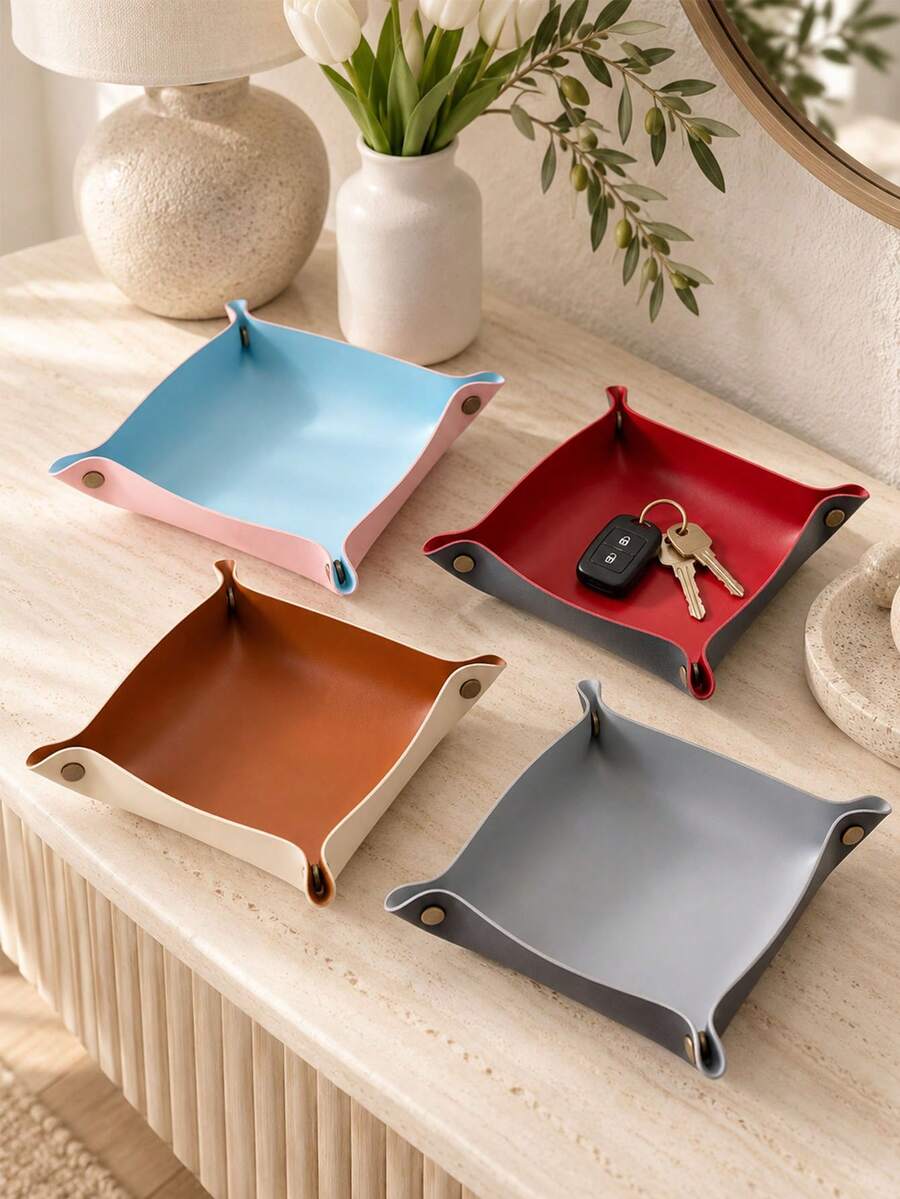 1Pc Two-Tone Foldable Leather Valet Tray, Minimalist PU Leather Square Shape With Detail Catchall Tray For Key Coin Storage, Entryway Bedroom Office Daily Home Decoration