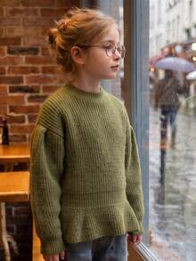 Sweater Rajut Lengan Panjang untuk Anak Perempuan Usia 8-12 Tahun, Kerah Tegak Kecil, Hem Berkerut, Model Pullover Kasual, Cocok untuk Sekolah dan Pakaian Sehari-hari, Musim Gugur/Dingin - Hijau - View 3