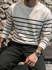Men's Striped Crew Neck Long Sleeve Knit Base Layer, Casual Slim Fit Suitable For Daily Wear And Layering - White - View 2