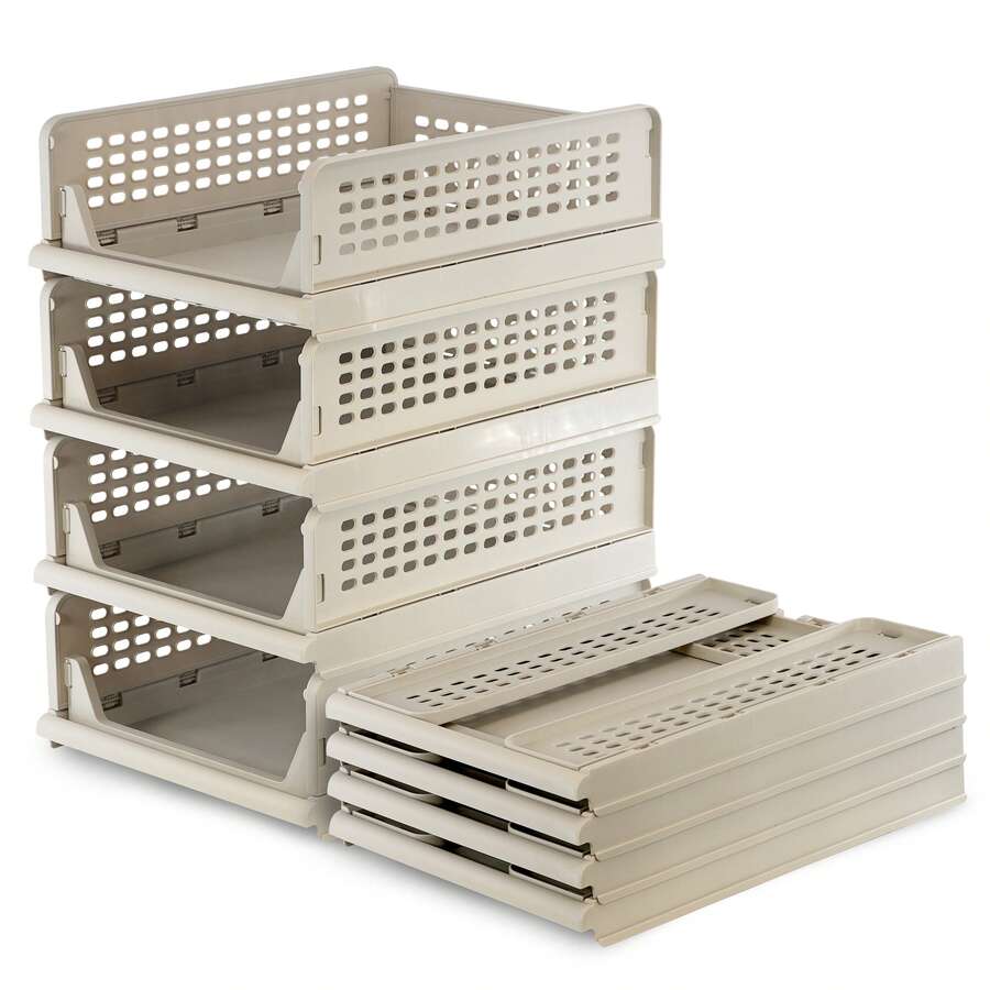 Geezy Stackable Wardrobe Storage Organiser Drawers Set Of 4 - Beige Foldable Plastic Boxes With Ventilation, Space-Saving Design For Clothes, Closet, Bedroom, Kitchen, Bathroom Organisation - View 1