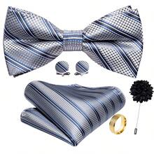 5Pcs Men Grey Striped Bow Tie Pocket Square Cufflinks Ring Boutonniere Set, Cufflinks Pattern Random For Wedding Business Party - Grey - View 2
