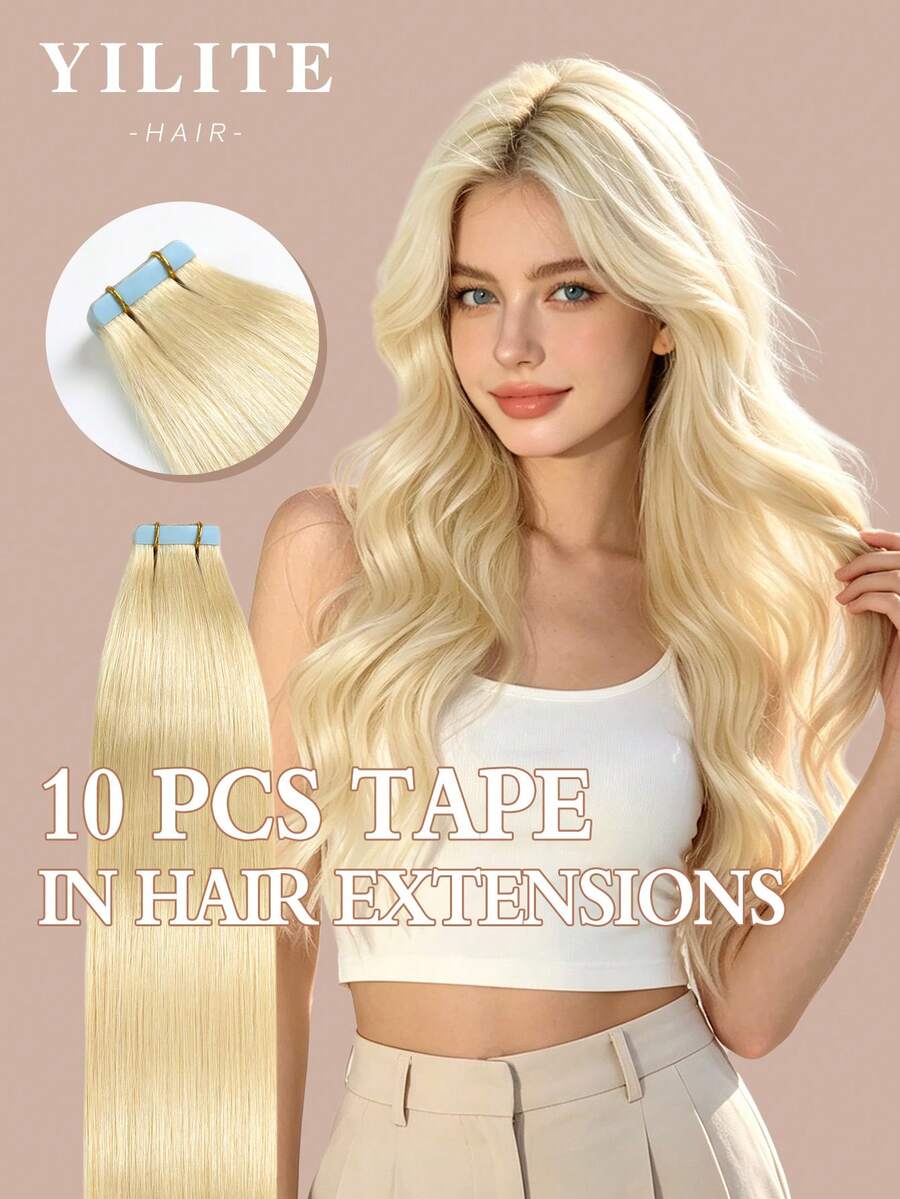 Yilite 18 Inch 10Pcs Bleach Blonde #613 Tape In Hair Extensions Human Hair Straight Soft Human Hair Tape In Extensions Skin Weft Tape Ins Extensions For Women - S613 - View 1