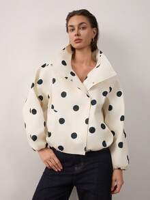 Women's Long Sleeve Stand Collar Polka Dot Flight Jacket - White - View 4