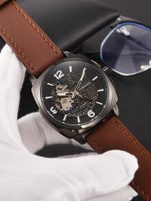 LONGLUX 1pc Men's Automatic Mechanical Watch Square Honeycomb Hollow PU Leather Strap Retro Sports Style Fashion Men's Watch - Coffee Brown - View 3