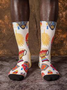 1/3 Pairs Creative Mid-Calf Socks, Totem Palm Leaf Print Street Fashion Personalized Mid-Calf Socks, Fun Halloween Gift - Multicolor - View 9