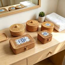 5.51" Diameter X 2.95" Height Handmade Woven Rattan Storage Box, Desktop Organizer - View 9