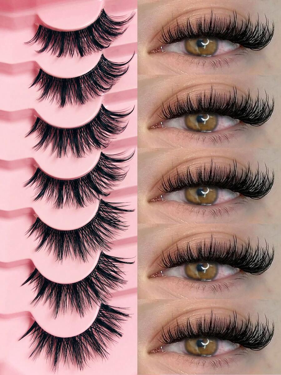 Asiteo 7 Pairs Natural Messy Cat Eye False Eyelashes, Transparent Lash Band, Create Cat Eye Makeup Look, Fox Eye, Long And Slender, Lightweight Soft Natural, Strip False Eyelashes, Halloween - Black - View 1
