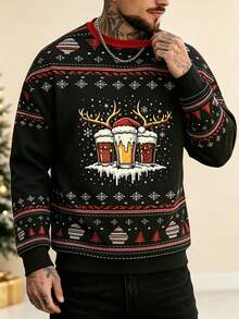 Men's Christmas Beer Print Comfortable Pullover Pullover Sweatshirt, Spring/Autumn - متعدد الألوان - مشاهدة 1