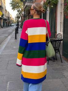 Women's Vintage Colorful Horizontal Striped Knit Cardigan, Loose Straight Long Sleeve Buttonless Outerwear, Mid-Length Slouchy Contrast Color Soft Knit Jacket Top, Spring/Autumn - Multicolor - View 2
